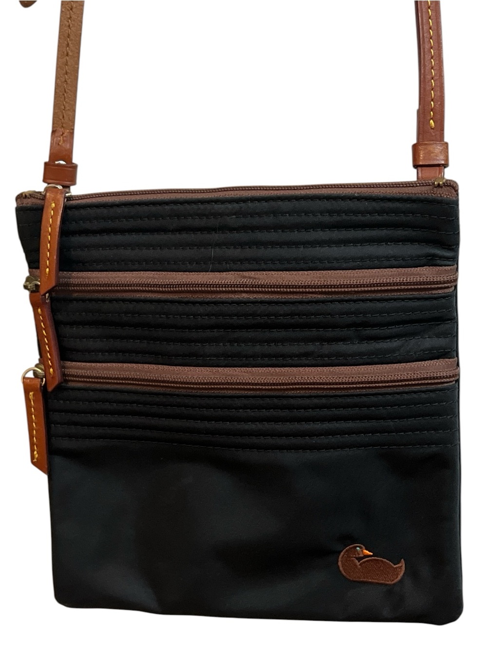 Dooney & Bourke Vintage Black Nylon Triple Zip Crossbody Bag, Hot Pink Interior